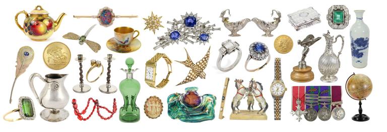 A catalogue flat-lay of jewellery, silver, watches and collectables