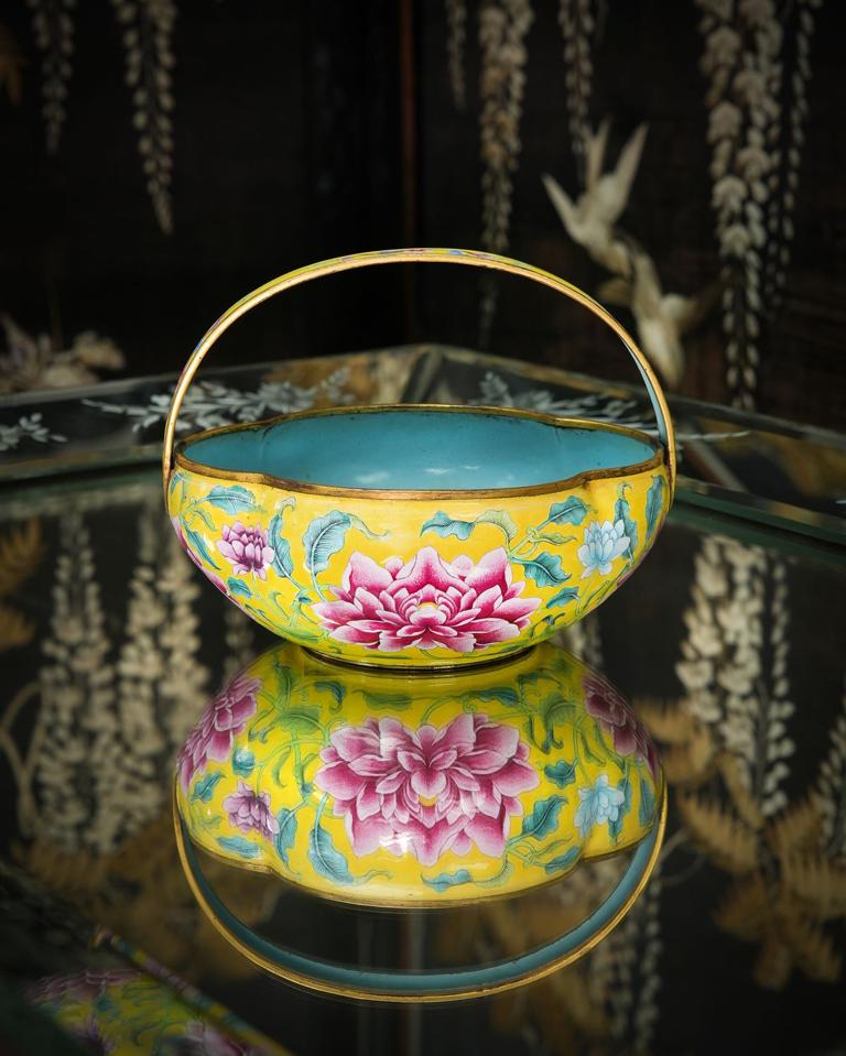 A Canton enamel basket with famille rose decoration
